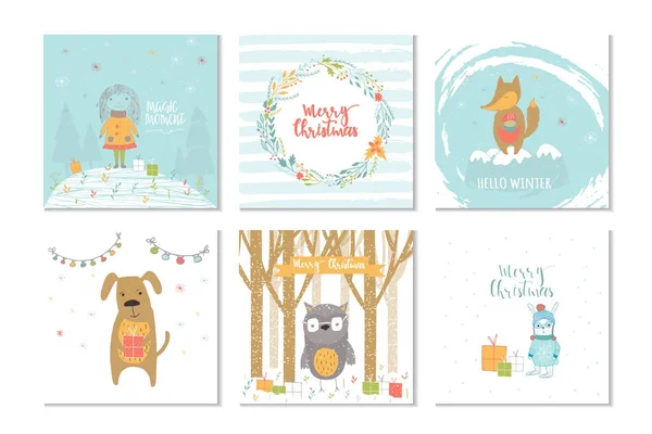 Colección Feliz Navidad Linda Tarjeta Felicitación Con Animales Regalos Letras — Vector de stock