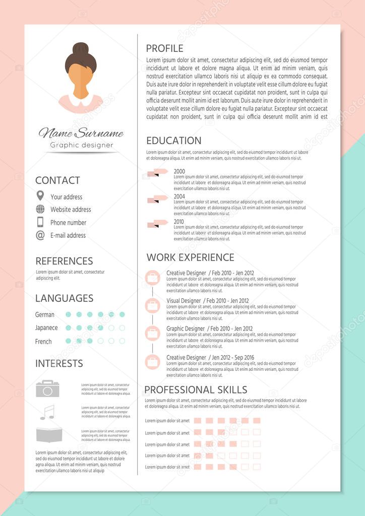 Feminine resume with infographic design. Stylish CV for women. Clean vector