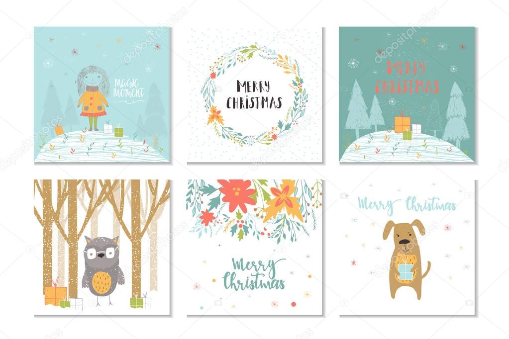 Collection of 6 Merry Christmas cute greeting card with animals, presents and lettering. Hand drawn style of posters for holiday invitation, children room, nursery decor, interior design. Vector illustration. 