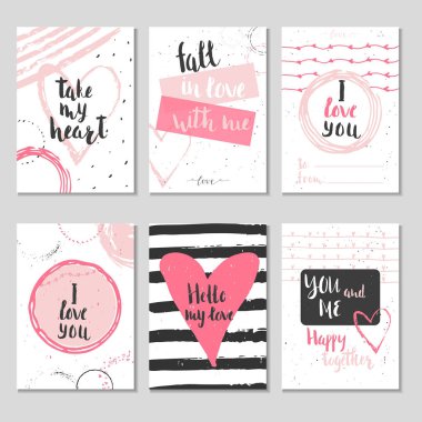 6 Sevgililer günü hediye kartları ile kalp ve yazı kümesi. Hat sanatı hocası, baskı, poster, davet için elle çizilmiş tasarım öğeleri.