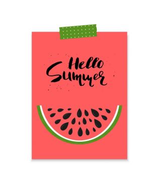 Sevimli Yaz Kartpostal el çizilmiş yazı ve karpuz dilimi. Güzel poster yazdırma, sezon davet, günlük kart için. Vektör etiket. 