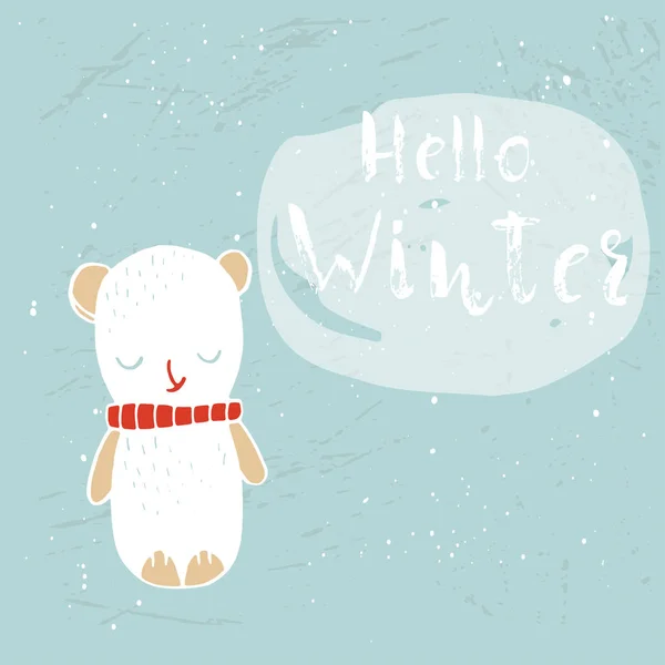 Legrační Lední Medvěd Ručně Kreslenou Nápisy Nabídka Hello Zimní Zasněžené — Stockový vektor