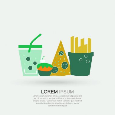 Modern Infographic logo ve piktogram. Düz tasarım vektör simgeler. Obezite, abur cubur ve elemanları telefon kavramları ve web apps ile sağlık kavramı. 