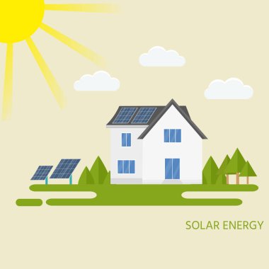 Temiz modern ev güneş panelleri ile. Çevre dostu alternatif enerji. Ekosistem infographics. Düz vektör çizim.