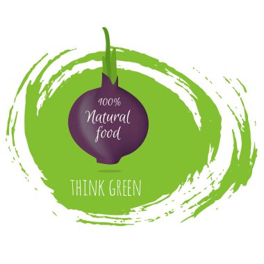 Gerçekçi yaş sebze. Metin ile olgun soğan izole simgesi yeşil düşünüyorum. Vektör çizim