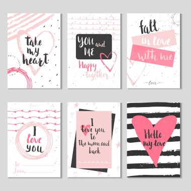 6 Sevgililer günü hediye kartları ile kalp ve yazı kümesi. Hat sanatı hocası, baskı, poster, davet için elle çizilmiş tasarım öğeleri.