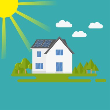 Temiz modern ev güneş panelleri ile. Çevre dostu alternatif enerji. Ekosistem infographics. Düz vektör çizim.
