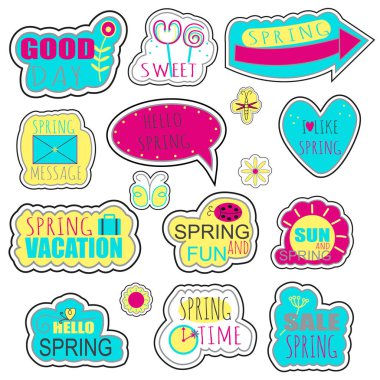 Bahar çıkartmalar, rozetleri metin, böcekler ve çiçek öğeleri kümesi. Vektör çizim.