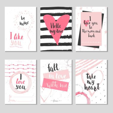 6 Sevgililer günü hediye kartları ile kalp ve yazı kümesi. Hat sanatı hocası, baskı, poster, davet için elle çizilmiş tasarım öğeleri.