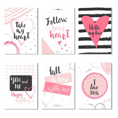 6 Sevgililer günü hediye kartları ile kalp ve yazı kümesi. Hat sanatı hocası, baskı, poster, davet için elle çizilmiş tasarım öğeleri.