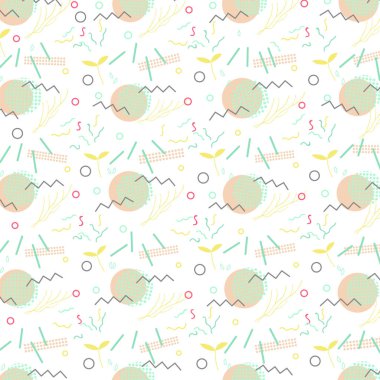 Trendy geometrik öğeleri memphis kartı. Doku ve kartpostal için şablon. Bahar afiş arka plan. Vektör çizim 