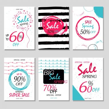 6 bahar indirim kümesi tasarım kartları. Kullanılabilir sosyal medya satış siteleri, posterler, el ilanları, e-posta, haber bülteni, reklamlar, promosyon malzemeleri için. Mobil afiş Şablonlar.