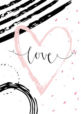 Sevgililer günü hediye kartı ile kalp ve yazı. Hat sanatı hocası, baskı, poster, davet için elle çizilmiş tasarım öğeleri.