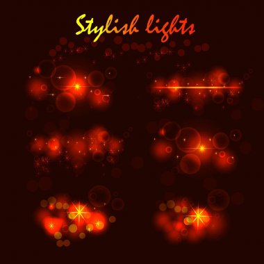 Yıldız, güneş parçacıklar ve kıvılcım Vurgu efekti, altın bokeh ışıklar glitter ve payetler koyu arka plan üzerinde parlayan koleksiyonu. Vektör çizim. 