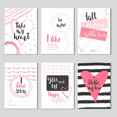 6 Sevgililer günü hediye kartları ile kalp ve yazı kümesi. Hat sanatı hocası, baskı, poster, davet için elle çizilmiş tasarım öğeleri.