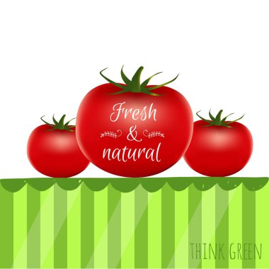 Gerçekçi çiğ sebze. Metin ile olgun domates izole simgesi yeşil düşünüyorum. Vektör çizim