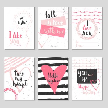 6 Sevgililer günü hediye kartları ile kalp ve yazı kümesi. Hat sanatı hocası, baskı, poster, davet için elle çizilmiş tasarım öğeleri.
