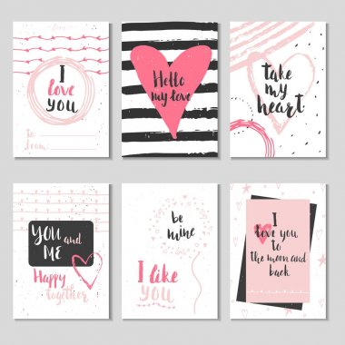 6 Sevgililer günü hediye kartları ile kalp ve yazı kümesi. Hat sanatı hocası, baskı, poster, davet için elle çizilmiş tasarım öğeleri.
