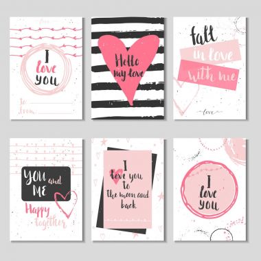 6 Sevgililer günü hediye kartları ile kalp ve yazı kümesi. Hat sanatı hocası, baskı, poster, davet için elle çizilmiş tasarım öğeleri.