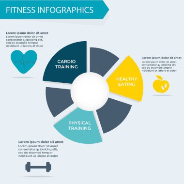 Fitness ve sağlıklı yaşam infographics şablon, vücut geliştirme, kardiyo egzersizi, sağlıklı beslenme, spor seti, yaşam kavramı, etkinlik çizelgeleri. Vektör çizim