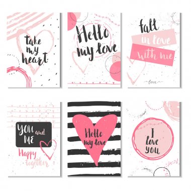 6 Sevgililer günü hediye kartları ile kalp ve yazı kümesi. Hat sanatı hocası, baskı, poster, davet için elle çizilmiş tasarım öğeleri.