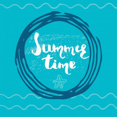 Güzel yaz poster elle çizilmiş yazı ile. Yelken, tropikal tatil, afiş, davetiye, zarf, arka plan, günlük kartlar için şablon. Hint mavi koleksiyonu