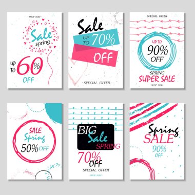 6 bahar indirim kümesi tasarım kartları. Kullanılabilir sosyal medya satış siteleri, posterler, el ilanları, e-posta, haber bülteni, reklamlar, promosyon malzemeleri için. Mobil afiş Şablonlar.