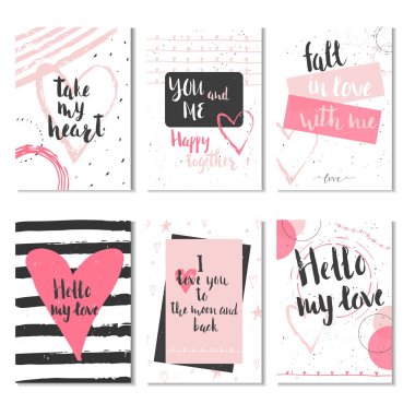6 Sevgililer günü hediye kartları ile kalp ve yazı kümesi. Hat sanatı hocası, baskı, poster, davet için elle çizilmiş tasarım öğeleri.