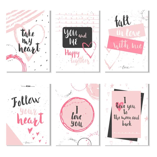 Készlet Valentin Nap Ajándék Kártyát Szív Betűk Kalligráfia Kézzel Rajzolt — Stock Vector
