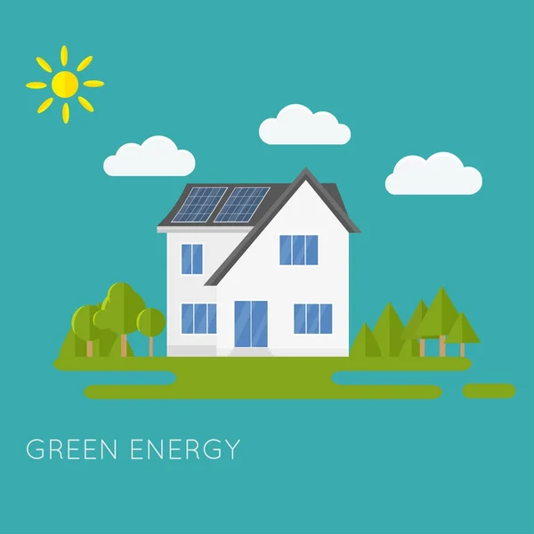 Limpia Casa Moderna Con Paneles Solares Energía Alternativa Ecológica Infografías — Vector de stock