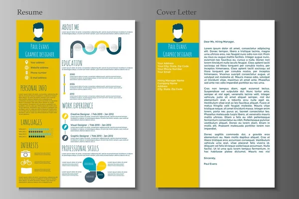 Resume and Cover letter in flat style design on grey background. CV set with Infographics elements. Clean vector.