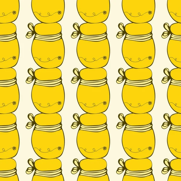 蜂蜜のシームレスなパターンを持つベクトル包装テンプレート 養蜂家の背景 自然と有機蜂蜜瓶コレクション — ストックベクタ