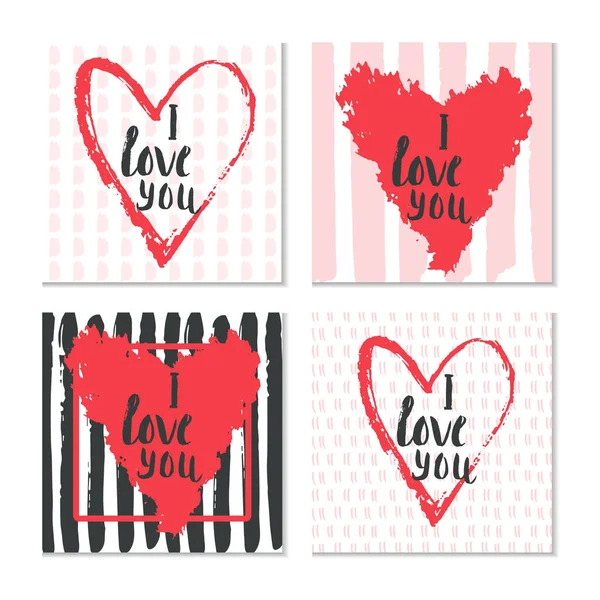 Set Tarjetas Regalo San Valentín Con Corazón Letras Amor Caligrafía — Vector de stock