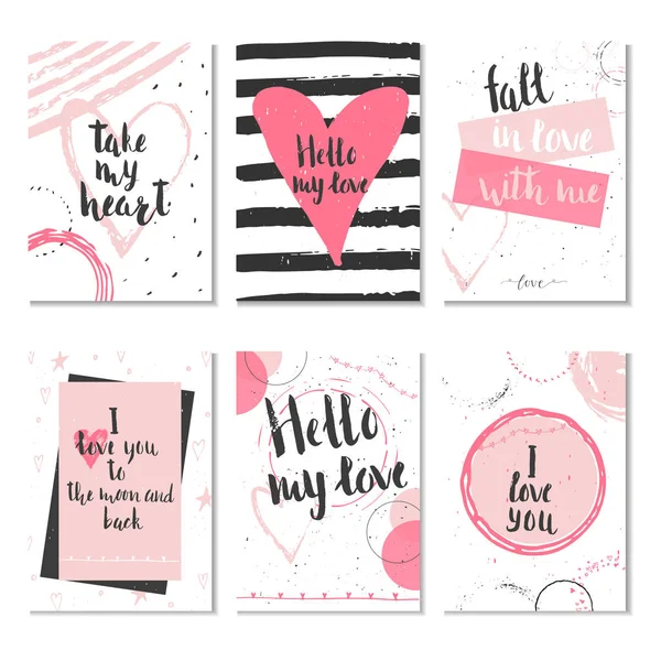 Set Valentines Day Gift Cards Heart Lettering Calligraphy Hand Drawn — Stock Vector