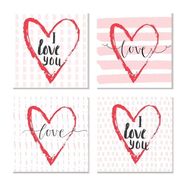 Set Van Valentijnsdag Geschenkenkaart Met Hart Belettering Van Liefde Kalligrafie — Stockvector