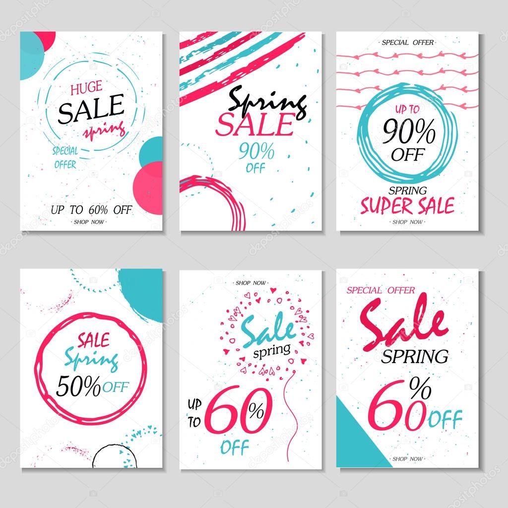 Set of 6 spring discount cards design. Can be used for social media sale websites, posters, flyers, email, newsletter, ads, promotional materials. Mobile banners templates.