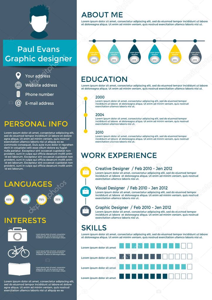 Colorful resume template in flat style design. Modern CV set with Infographics elements. Clean vector illustration