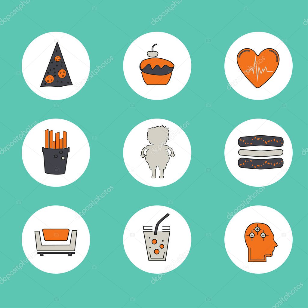 Obesity icons set - fast food, sedentary lifestyle, diet, diseases and mental illness. Vector concept for presentation and training
