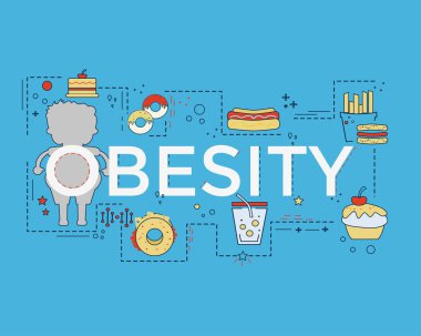 Obezite düz tasarım simgeler ve kitap kapağı, rapor üstbilgisi, sunum, infographics, baskı, Web afiş, el ilanı ve açılış sayfası için yazı ile.