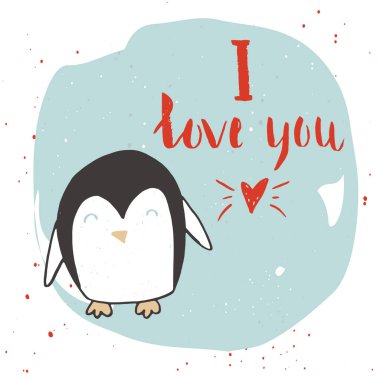 Metin ve sevimli penguen kuş Sevgililer günü için elle çizilmiş tebrik kartı. Vektör çizim 