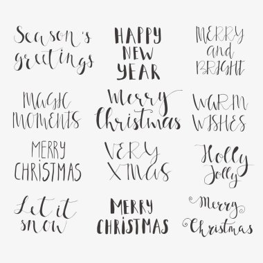 Harika ve eşsiz el yazısı Noel tatil tebrik kartları için istiyor. Handdrawn yazı. Noel ve yeni yıl kartı tasarım öğeleri.