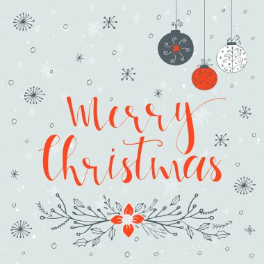 Mutlu Noeller, mutlu yeni yıl metin etiketi kar ve kar taneleri bir kış zemin üzerine. Tebrik kartı şablonu. Neşeli Noel poster teklif ile. T-shirt tasarımı, kart tasarımı veya ev dekorasyonu öğesi. Vektör tipografi