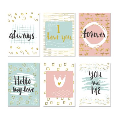 Renkli vektör Sevgililer günü kartları ayarlayın. 6 kartları kalpleri ve yazıtlar ile ayarla