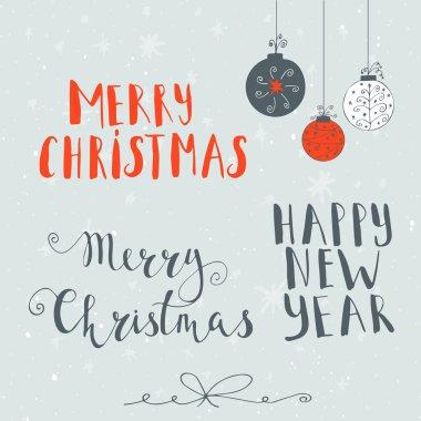 Mutlu Noeller, mutlu yeni yıl metin etiketi kar ve kar taneleri bir kış zemin üzerine. Tebrik kartı şablonu. Neşeli Noel poster teklif ile. T-shirt tasarımı, kart tasarımı veya ev dekorasyonu öğesi. Vektör tipografi