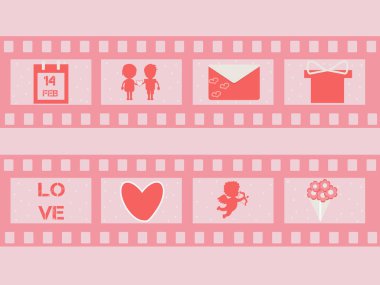 Sevgililer günü film şerit aşk tanrısı, Kalpler, çiçekler, mevcut, grup ile çift ve harfler. Düğün film şeridi. Vektör çizim