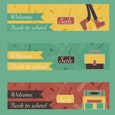 Geri okul satışı büyük başlığı için düz stil tasarım simgeler ve rapor üstbilgisi, sunum, baskı, el ilanı ve açılış sayfası için yazı ile. Vektör.