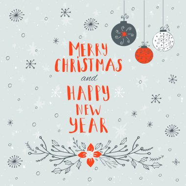 Mutlu Noeller, mutlu yeni yıl metin kar ve kar taneleri bir kış zemin üzerine. Tebrik kartı şablonu, poster teklif ile. T-shirt tasarımı, kart tasarımı veya ev dekorasyonu öğesi. Vektör tipografi