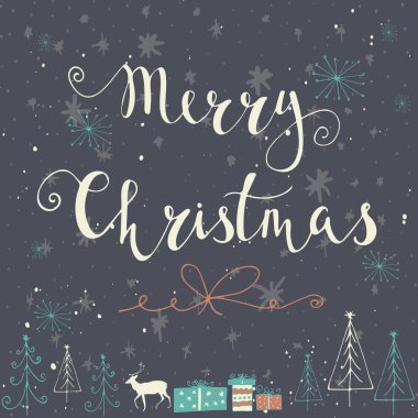 Kar ve kar taneleri bir kış zemin üzerine neşeli Noel metin etiketi. Tebrik kartı şablonu. Neşeli Noel poster teklif ile. T-shirt tasarımı, kart tasarımı veya ev dekorasyonu öğesi. Vektör tipografi