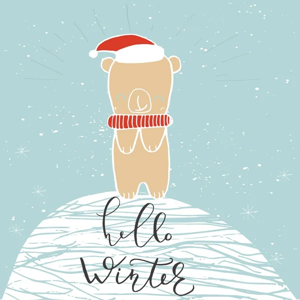 Divertente Orso Polare Con Scritte Disegnate Mano Citazione Hello Winter — Vettoriale Stock