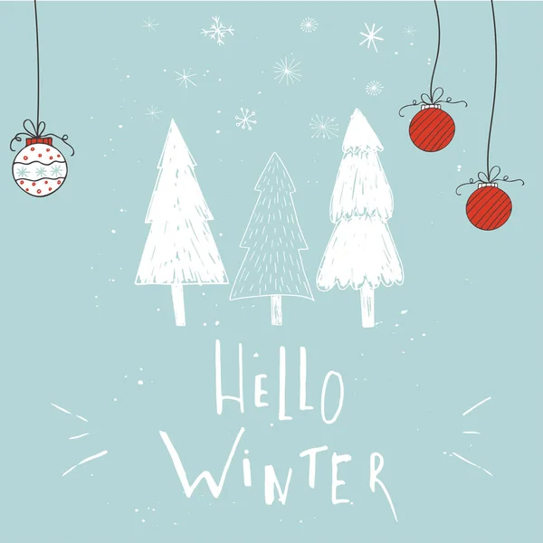 Bonjour Hiver Carte Dessinée Main Avec Inscription Sapins Noël Illustration — Image vectorielle